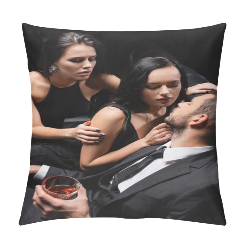 Personality  Man Holding Glass Of Whiskey Near Sexy Women Seducing Him Isolated On Black Pillow Covers