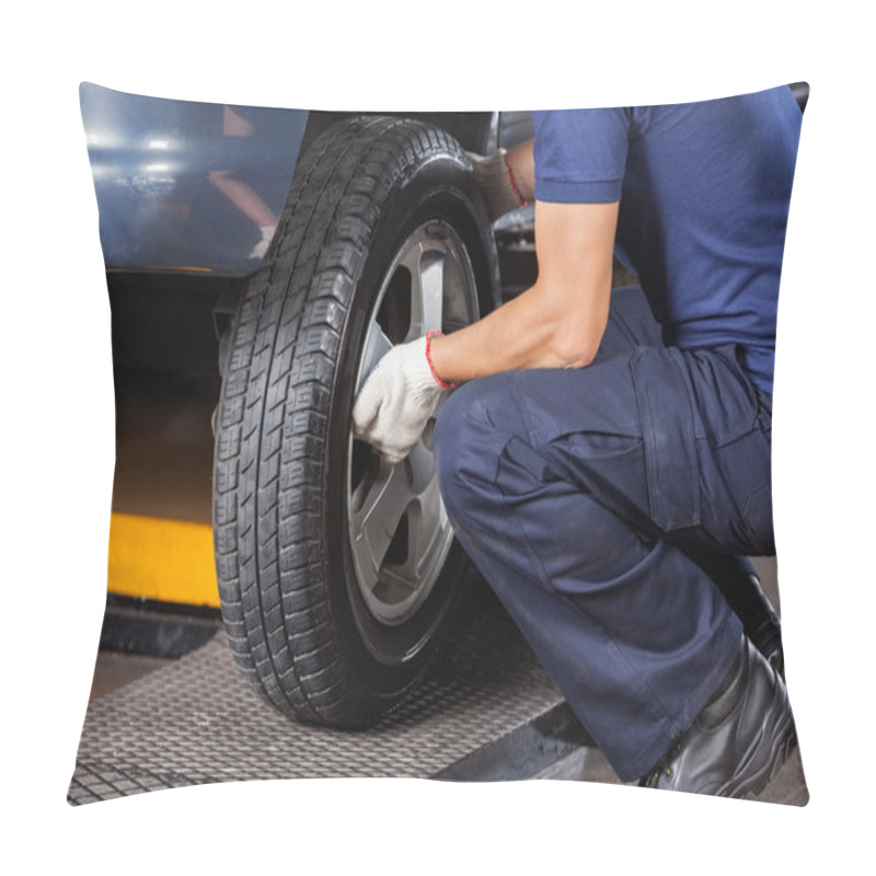 Personality  Mechanic Fixing Car Tire At Repair Shop Pillow Covers