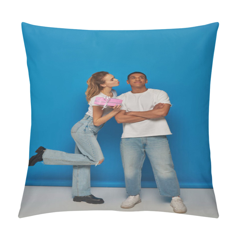 Personality  Beautiful Woman Holding Present Near Happy African American Man On Blue Backdrop, Air Kiss Pillow Covers