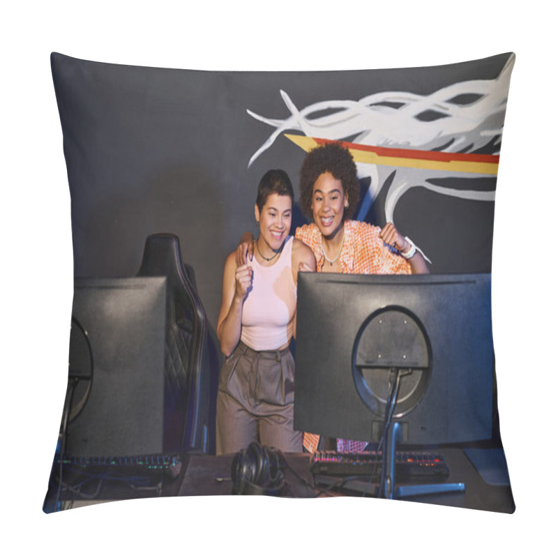 Personality  Multicultural And Happy Friends Looking At Computer Monitor And Celebrating Victory, Cybersport Pillow Covers