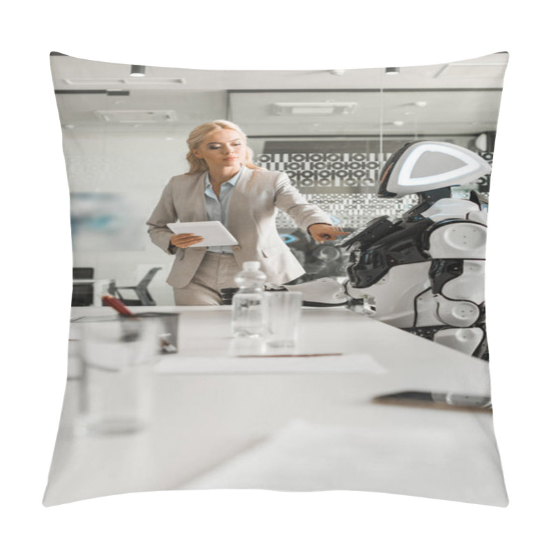 Personality  Selective Focus Of Attractive Businesswoman Operating Robot While Holding Digital Tablet Pillow Covers