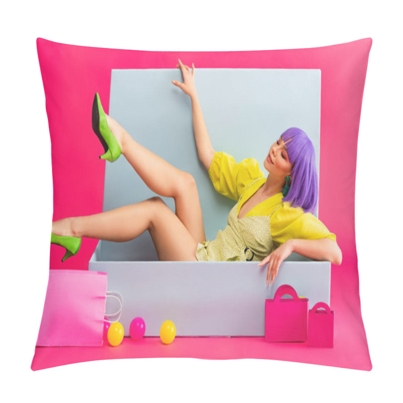 Personality  Smiling Woman In Purple Wig As Doll Lying In Blue Box With Shopping Bags And Balls, On Pink Pillow Covers