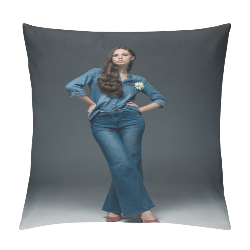 Personality  Beautiful Girl With Long Hair Posing In Flare Jeans, On Grey Pillow Covers