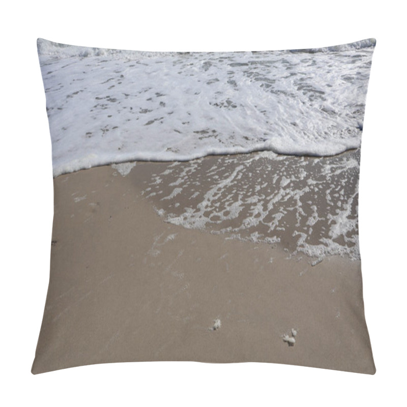 Personality  Close-up View Of Gentle Ocean Waves Creating Foam Patterns As They Meet The Sandy Beach, Reflecting Sunlight For A Serene Coastal Scene. Pillow Covers