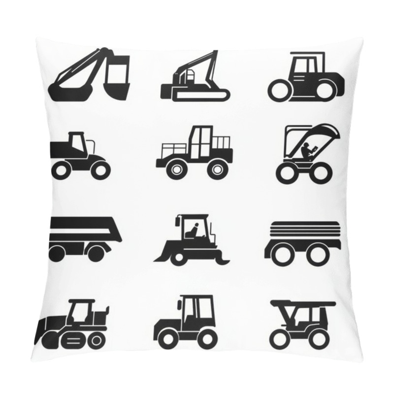 Personality  A Collection Of Black Silhouette Icons Representing Various Construction And Farming Machinery. Pillow Covers