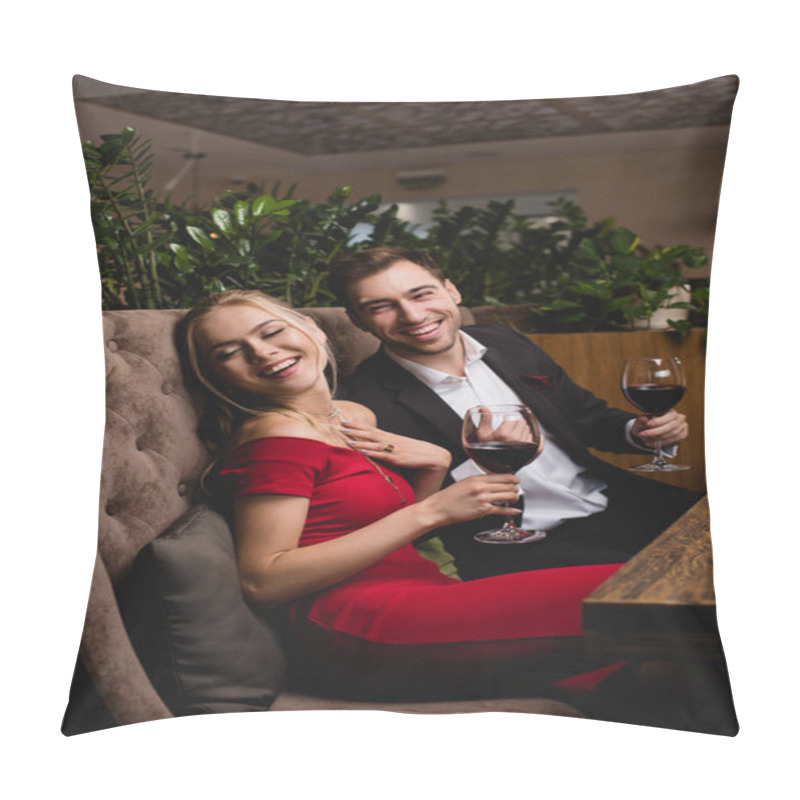 Personality  Happy Couple Laughing While Holding Glasses With Red Wine In Restaurant  Pillow Covers