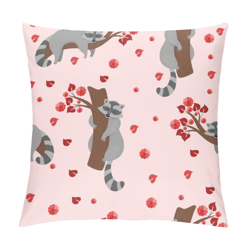 Personality  Seamless Pattern With Raccoons On Branches And Leaves In The Shape Of Hearts. Vector Graphics. Pillow Covers