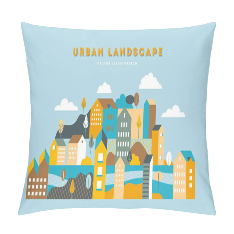 Personality  Urban Illustration With Copy Space For Text. Simple Minimal Geometric Flat Style - Vector City Landscape With Buildings, Hills And Trees - Abstract Horizontal Banner And Background  Pillow Covers