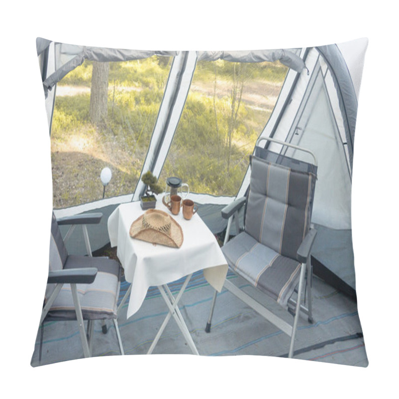 Personality  Annex To The Caravan. Comfortable Interior For A Trip, Folding Table And Chairs. Pillow Covers