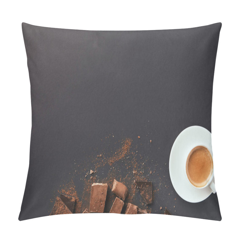 Personality  Top View Of Arranged Cup Of Coffee, Truffles And Chocolate Bars With Cocoa Powder On Grey Tabletop Pillow Covers