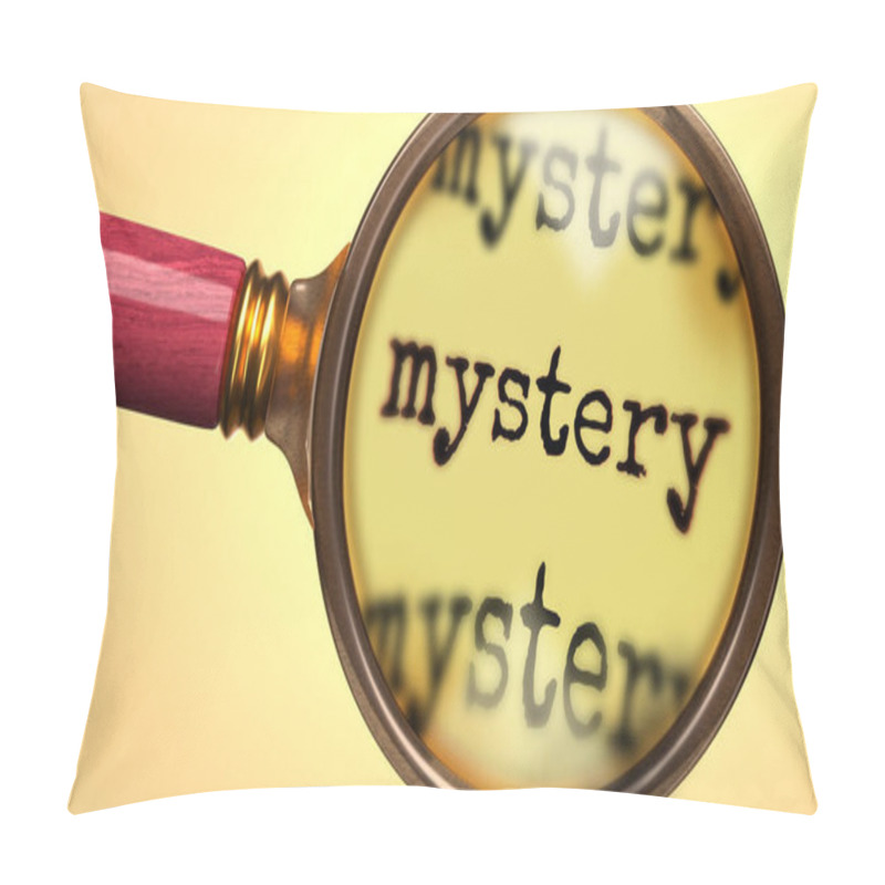 Personality  Examine And Study Mystery, Showed As A Magnify Glass And Word Mystery To Symbolize Process Of Analyzing, Exploring, Learning And Taking A Closer Look At Mystery, 3d Illustration Pillow Covers