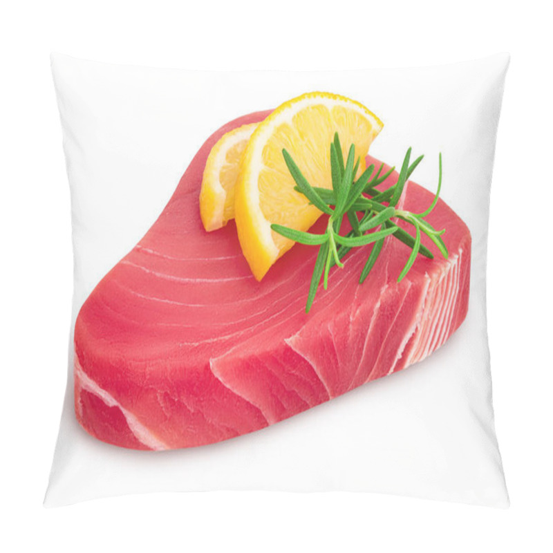 Personality  Fresh Tuna Fish Fillet Steak With Rosemary And Lemon Isolated On White Background With Clipping Path And Full Depth Of Field Pillow Covers