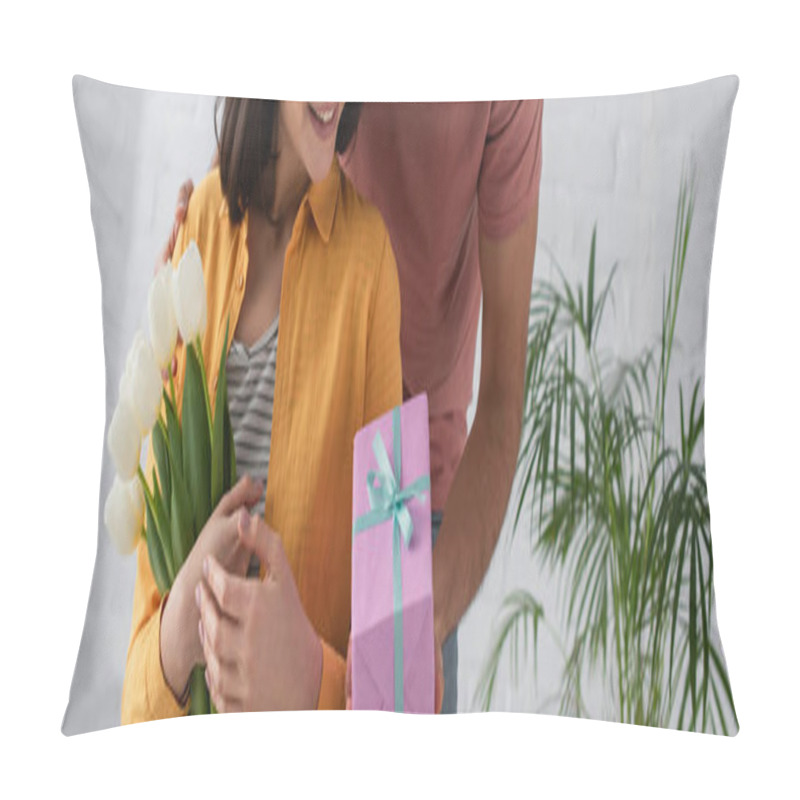 Personality  Partial View Of Young Man Presenting Gift Box To Girlfriend With Bouquet Of Flowers In Kitchen, Banner Pillow Covers