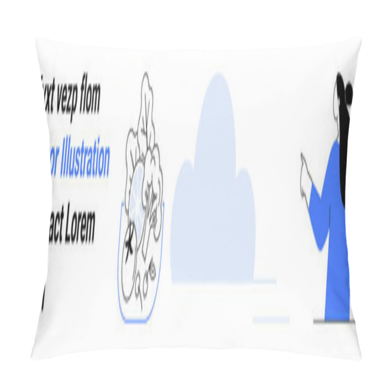 Personality  Woman In Blue Shirt Points At A Cloud, Text Block On Left, Plant In Pot, Clean Design. Ideal For Technology, Cloud Computing, Data Management, Education, Web Development, Presentations, Advertising Pillow Covers