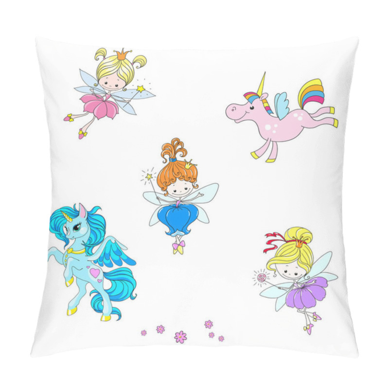 Personality  A Collection Of Mythical Characters. Fantastic Cartoon Characters. Lovely Fairies And Unicorns. Vector Isolated On White Background. Pillow Covers