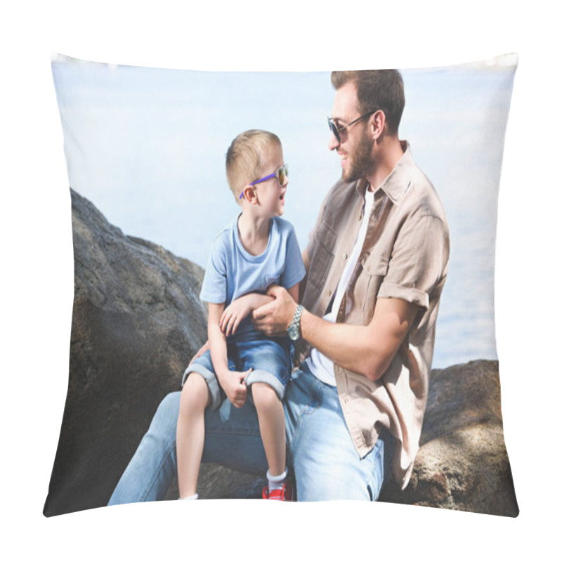 Personality  Happy Father And Son Looking At Each Other On Stones At Park Pillow Covers