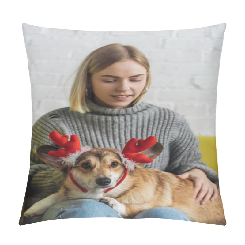 Personality  Happy Young Woman Sitting On Couch And Carrying Corgi Dog With Christmas Deer Horns Pillow Covers