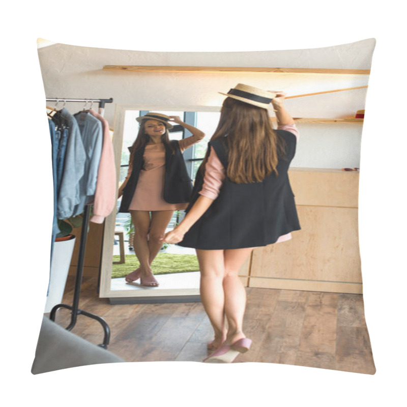 Personality  Girl Trying On Hat In Boutique Pillow Covers