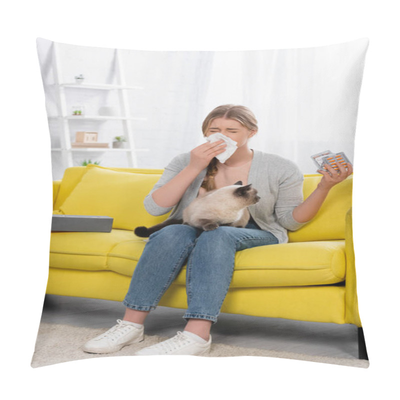 Personality  Woman With Allergy Sneezing While Holding Pills And Siamese Cat  Pillow Covers