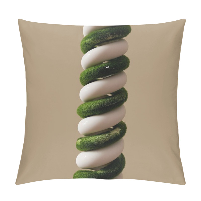 Personality  A Modern Spiral Sculpture With Green Moss And Smooth White Sections. Pillow Covers