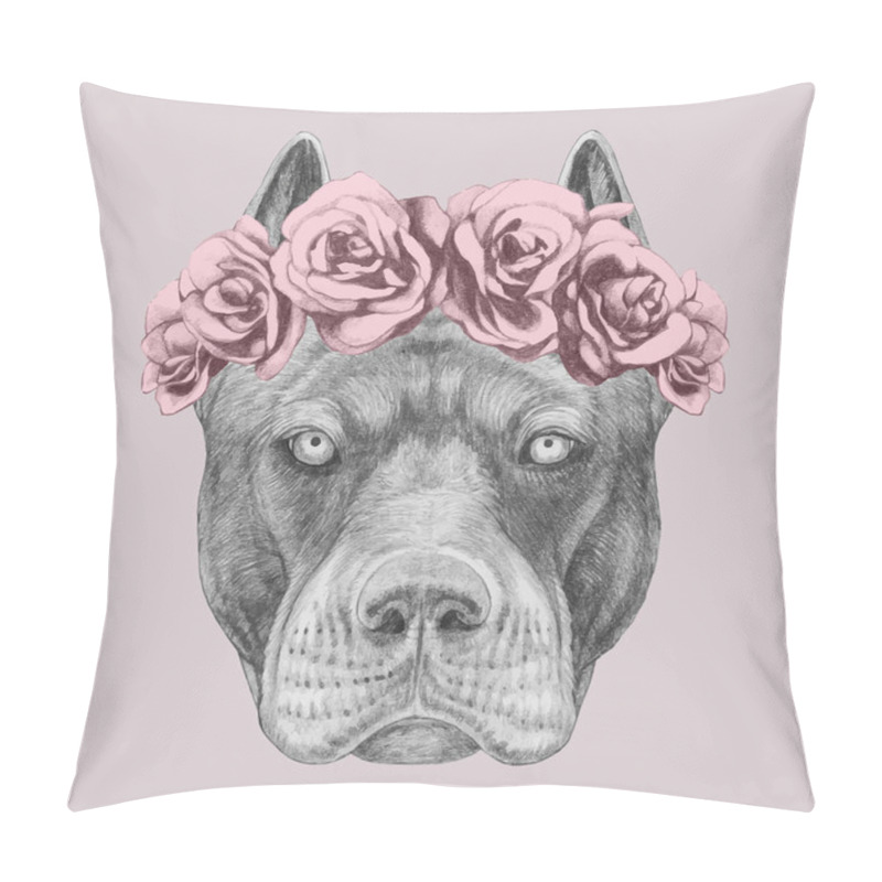 Personality  Portrait Of Pit Bull With Floral Head Wreath. Hand-drawn Illustration.  Pillow Covers