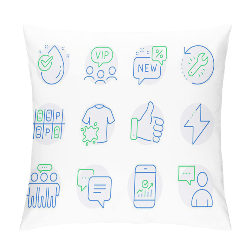 Personality  Line Icons Set. Included Icon As New, Dots Message, Dirty T-shirt Signs. Parking Place, Vip Clients, Employees Group Symbols. Energy, Smartphone Statistics, Water Drop. Recovery Tool. Vector Pillow Covers