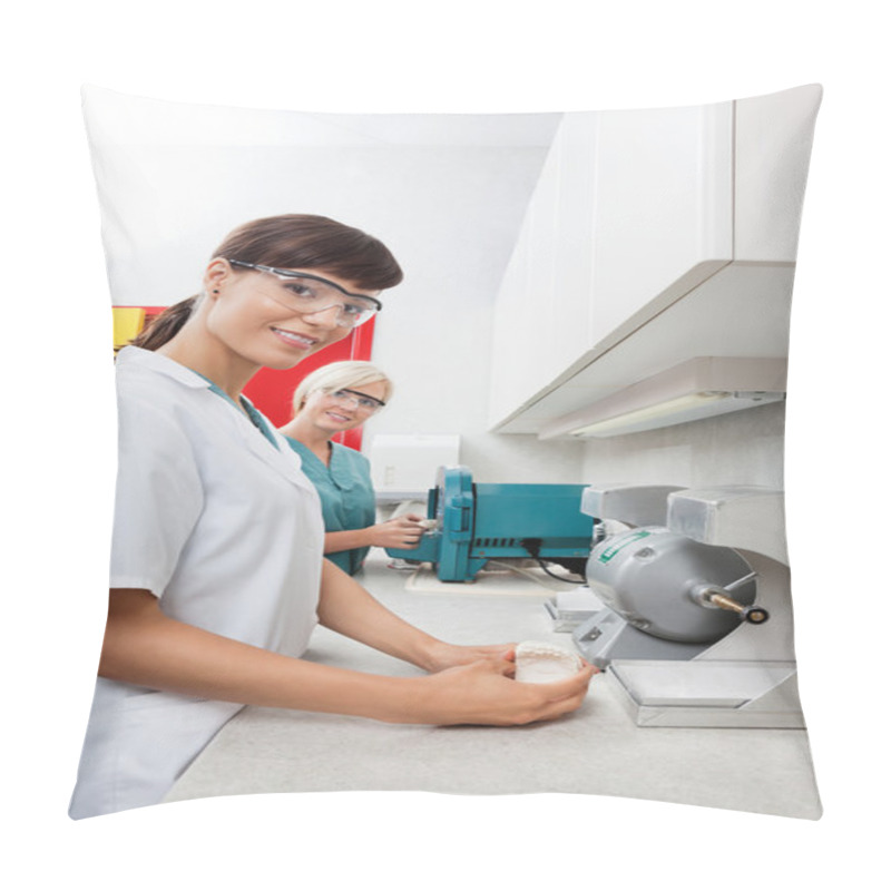 Personality  Dentist Holding Dental Plaster Mold With Assistant At Clinic Pillow Covers