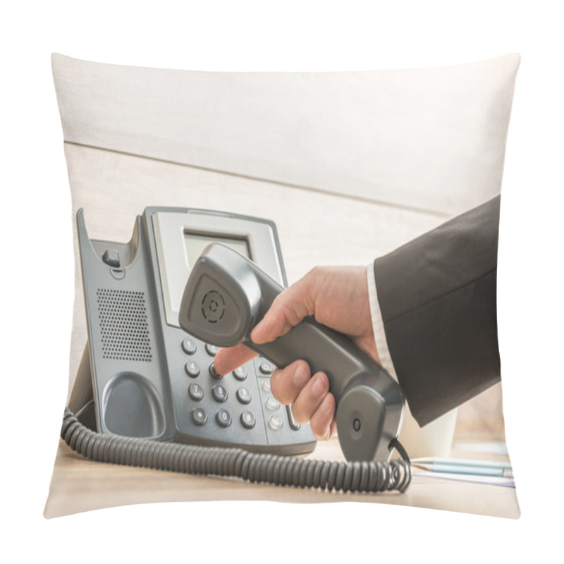 Personality  Closeup Of A Hand In A Formal Elegant Suit Dialing A Telephone N Pillow Covers