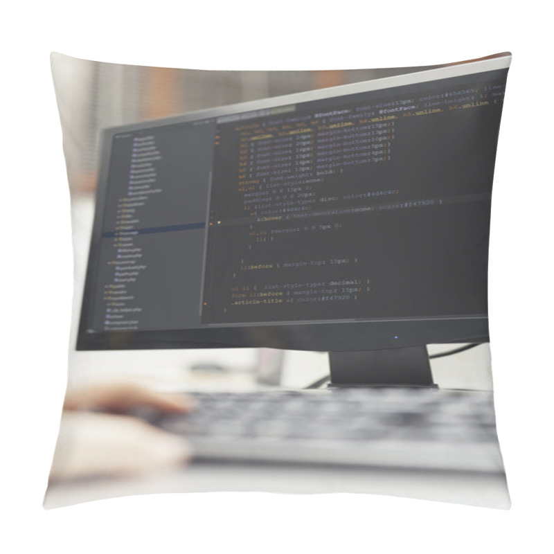 Personality  Developer Working On Source Codes On Computer At Office. Pillow Covers