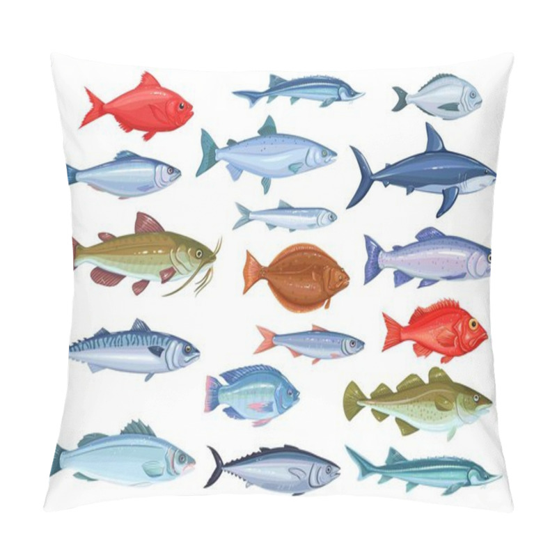 Personality  Fish Icons. Seafood Of Bream, Mackerel, Tunny Or Sterlet, Catfish, Codfish And Halibut. Cartoon Icon Tilapia, Ocean Perch, Sardine, Anchovy, Shark, Sea Bass And Dorado. Vector Illustration Pillow Covers