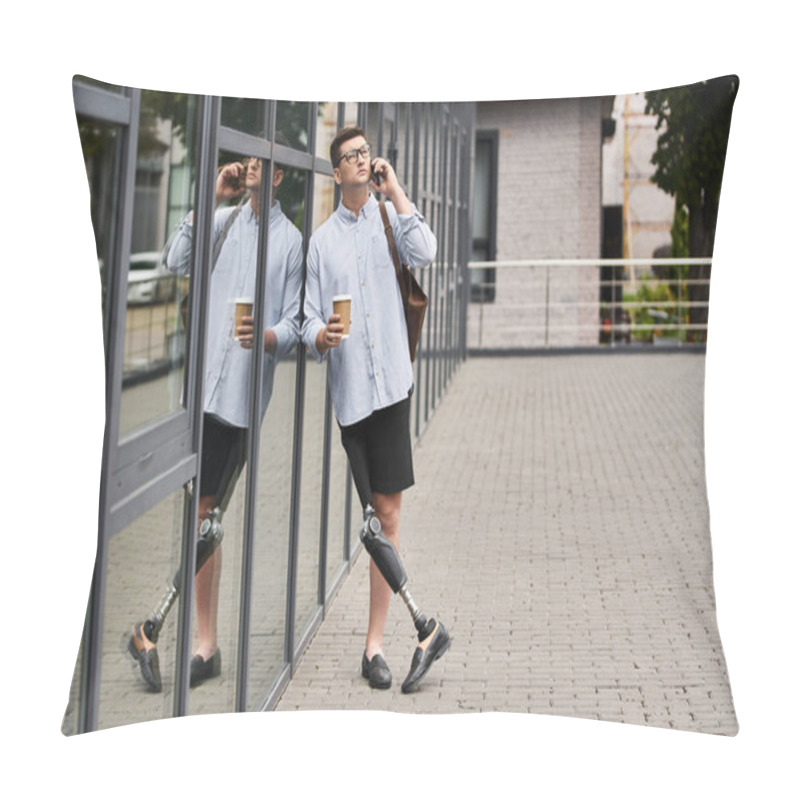 Personality  Young Man With A Prosthetic Leg Stands Outside, Conversing On The Phone And Holding A Coffee. Pillow Covers