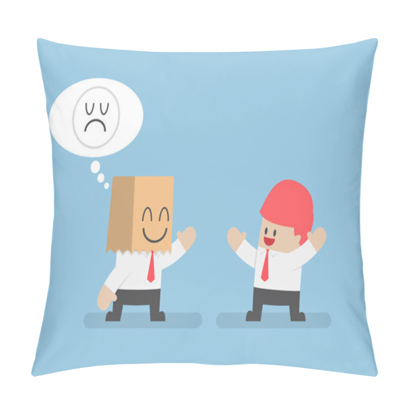 Personality  Businessman Hide His Sad Emotions Behind A Smiling Paper Bag Pillow Covers