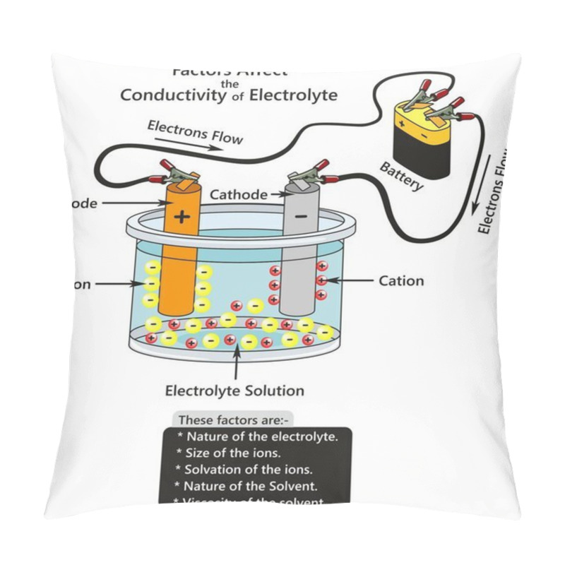 Personality  Factors Affect The Conductivity Of Electrolyte Infographic Diagram Showing A Battery Connected To Cathode And Anode In Container Contains Electrolyte Solution Ions Interaction For Chemistry Science Pillow Covers