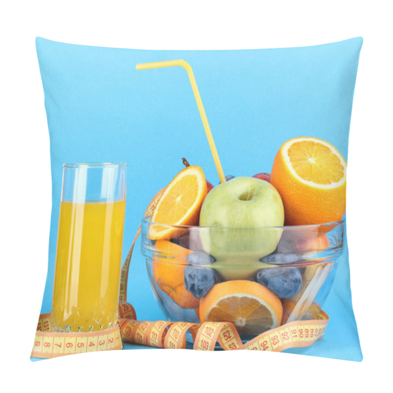 Personality  Glass Bowl With Fruit For Diet And Juice On Blue Background Pillow Covers