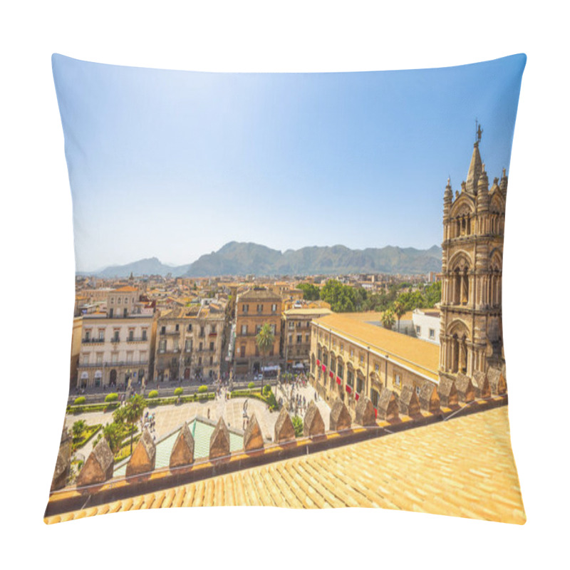 Personality  PALERMO, ITALY - JULY 18, 2023: Palermo Cathedral, View Of Tower With Cityscape From Roof Of Cathedral, A Major Landmark And Tourist Attraction In Capital Of Sicily. Pillow Covers