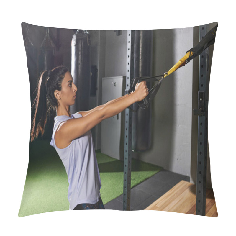 Personality  Focused Woman Engages In A Full Body Workout Using Resistance Training Equipment In The Gym. Pillow Covers