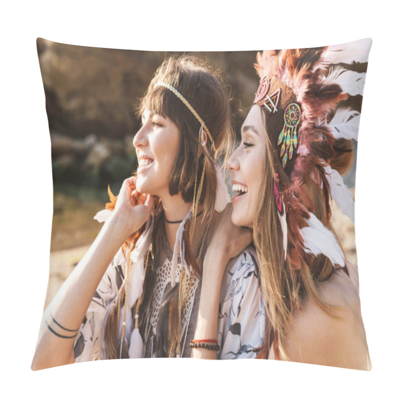 Personality  Image Of Hippy Girls In Feather Headdress Laughing And Sitting B Pillow Covers