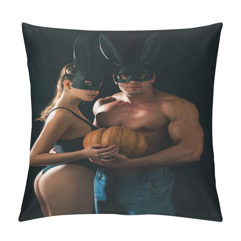 Personality  Sexy Halloween. Sensual Muscular Couple Posing With Pumpkin In Bunny Rabit Mask. Naked Boyfriend Girlfriend Pillow Covers