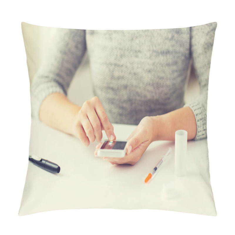 Personality  Close Up Of Woman With Smartphone Doing Blood Test Pillow Covers