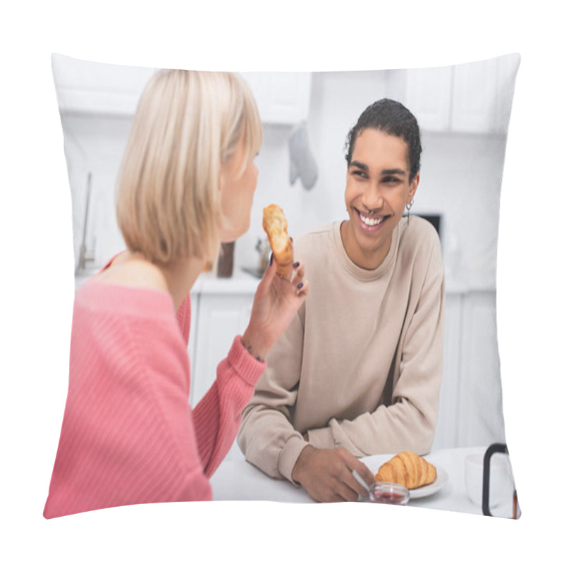 Personality  Cheerful African American Man Looking At Blonde Girlfriend With Croissant  Pillow Covers