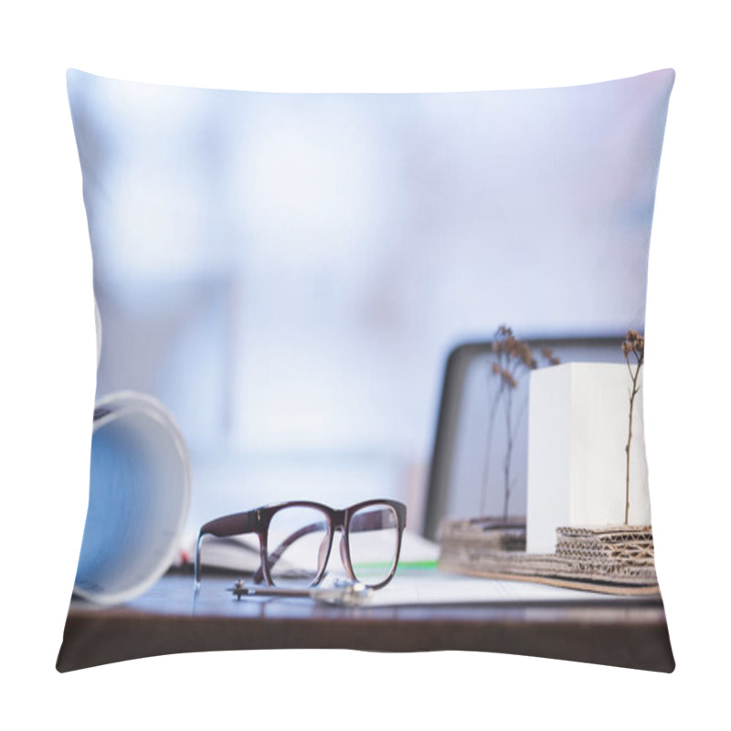 Personality  Selective Focus Of Eyeglasses Near Rolled Blueprints On Desk In Office Pillow Covers