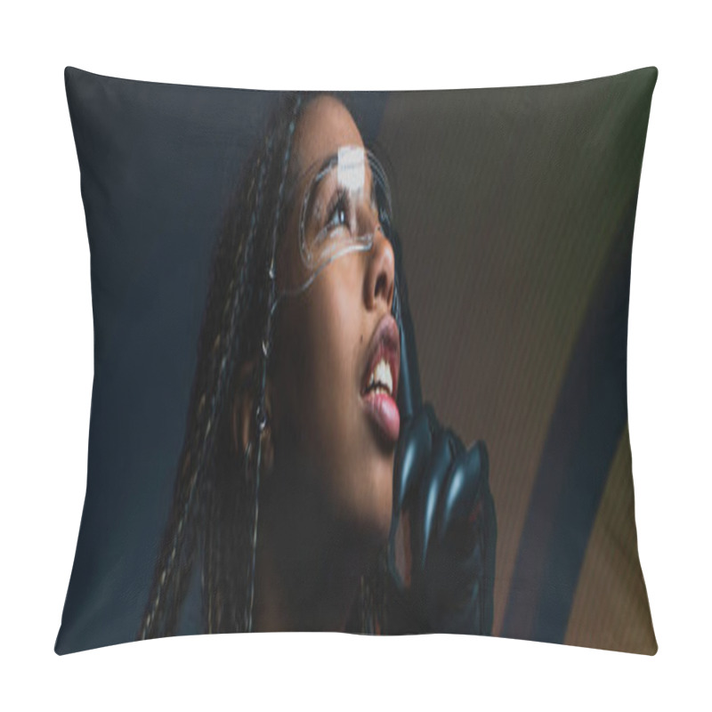 Personality  African American Woman In Glove Using Smart Glasses On Grey Background With Abstraction, Banner  Pillow Covers