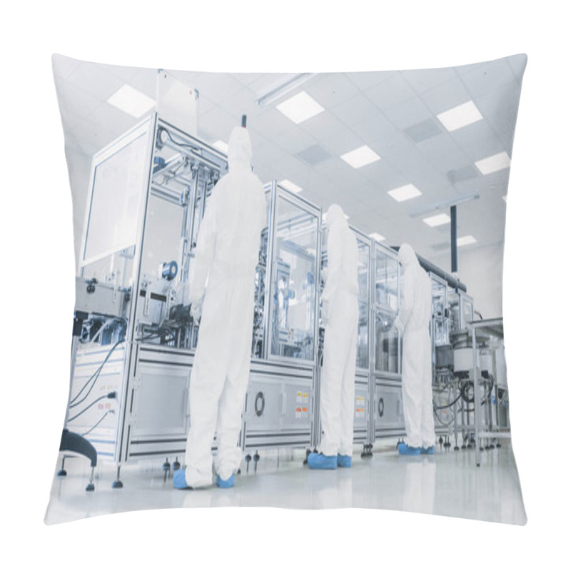 Personality  In The Manufacturing Facility Team Of Scientist Wearing Sterile Protective Coverall Sets Up Programs Modern Industrial 3D Printer, High Precision Manufacture Of Semiconductors Under Process. Pillow Covers