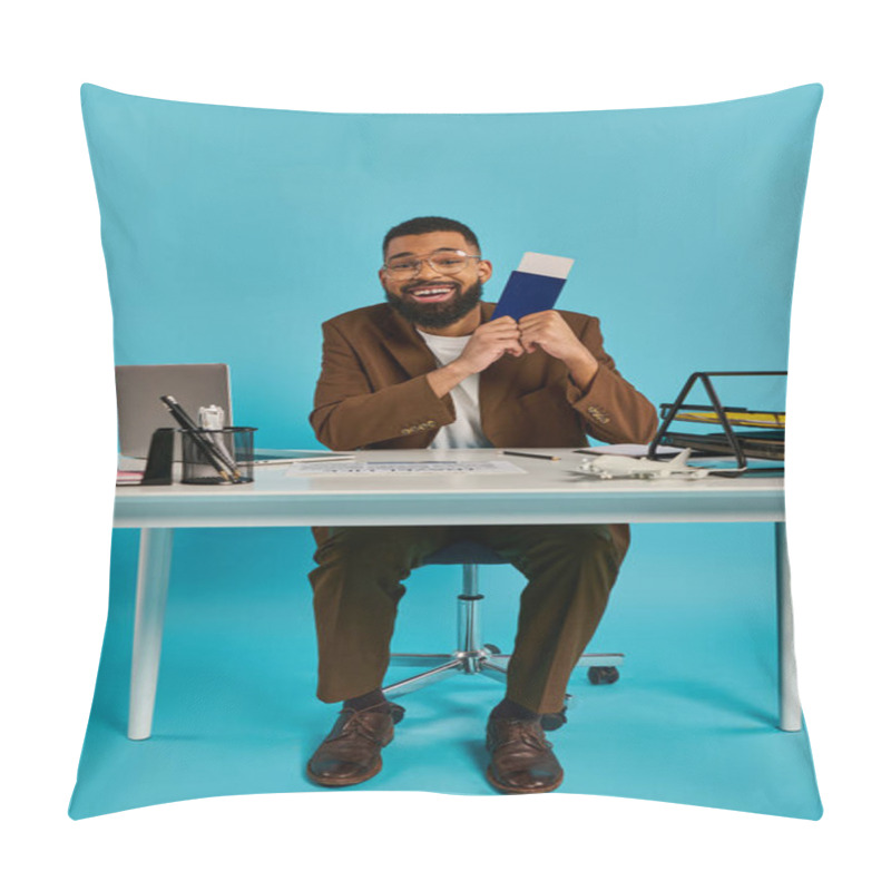 Personality  A Man With A Thoughtful Expression Sits At A Desk Holding A Book, Immersed In The Words On The Page. Pillow Covers