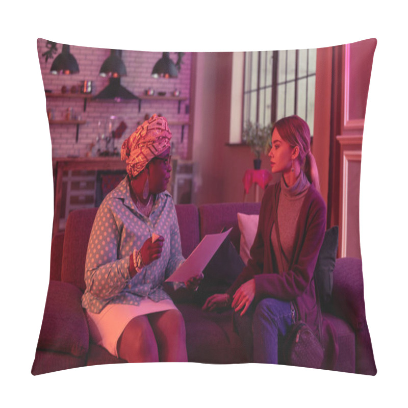 Personality  Cute Long-haired Young Woman With Long Earrings Looking Attentive Pillow Covers