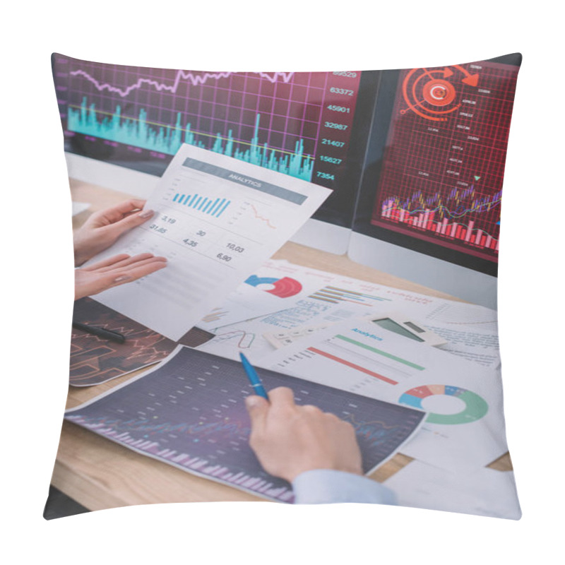 Personality  Cropped View Of Data Analysts Using Charts While Developing Software For Computer Systems  Pillow Covers