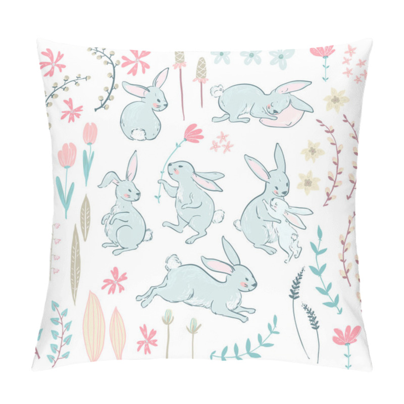 Personality  Easter Seamless Pattern With Cartoon Cute Bunnies And Flowers With Branches In Pastel Colors, Vector, Illustration Pillow Covers