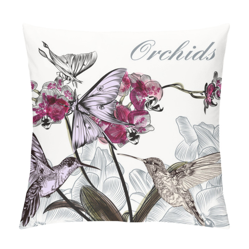 Personality  Beautiful Vector  Background With Orchid Flowers Hummingbirds Pillow Covers