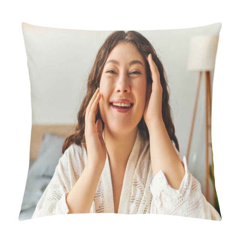 Personality  A Young, Beautiful Plus Size Woman Smiles Brightly While Relaxing In Her Tranquil Home Space. Pillow Covers