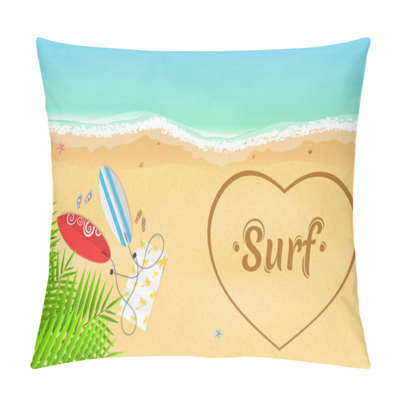 Personality  I Love Surfing. Leaves Of A Palm Tree. On The Beach There Are Surfboards And Slippers With A Towel. Heart Painted On A Sandy Beach. Time For Rest And Sports. Vector Illustration Pillow Covers